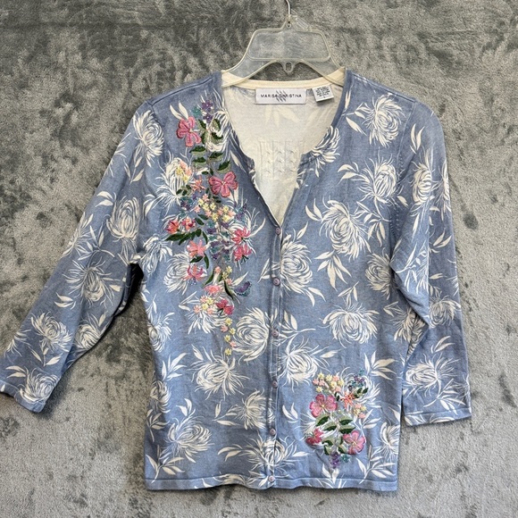 Sweaters - Marisa Christina Lg Blue Floral Embroidered Button-Front Top embellished silk bl